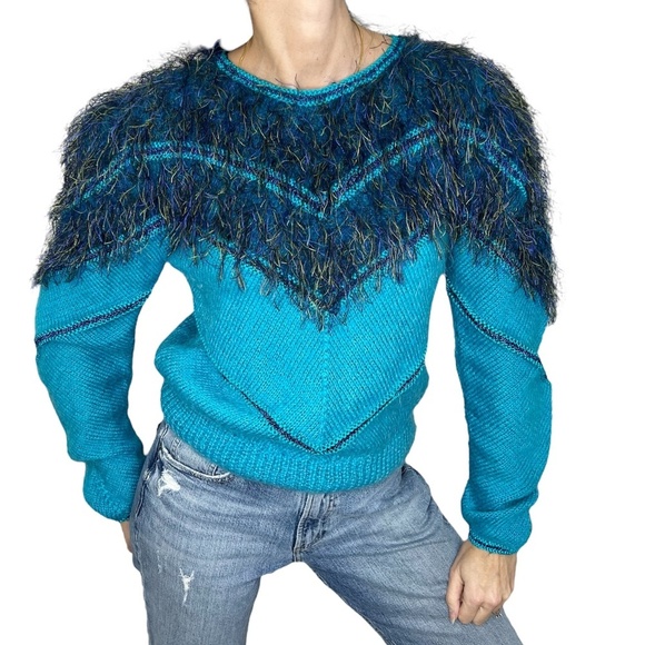 Vintage 80s 90s neon blue eyelash feather fringe pullover sweater - Picture 3 of 11